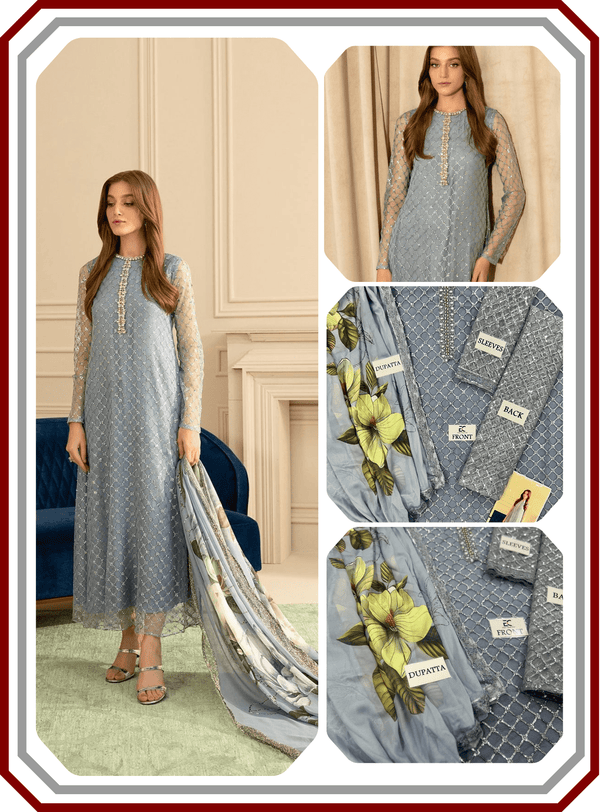 Lulusar Net Sequin Embroidered 3 - Piece Unstitched Suit with Silk Dupatta - Pehna Textile