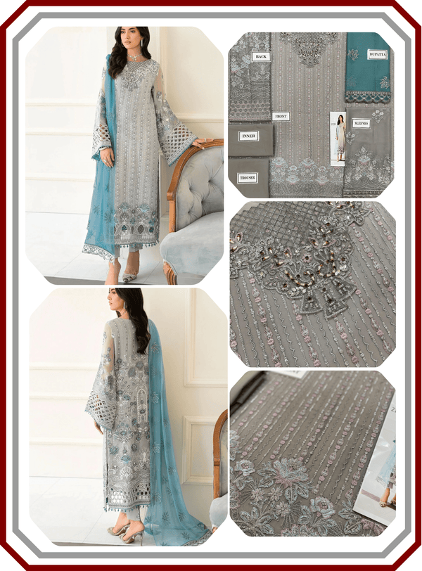 Flossie Embroidered Chiffon & Organza 3‑Piece Unstitched Suit - Pehna Textile